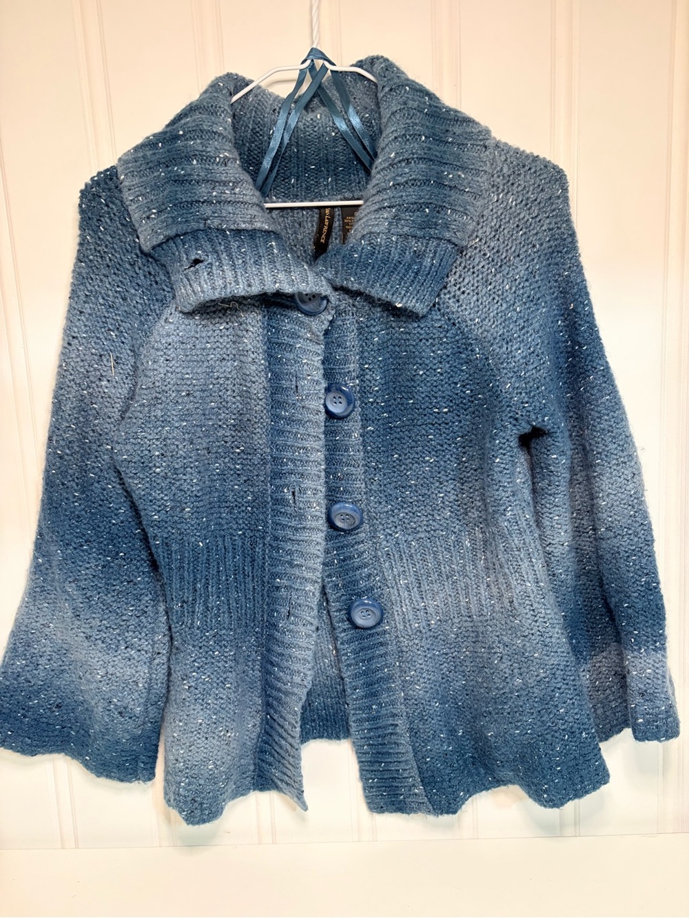 Vintage Susan Lawrence Speckled Blue Button-Up Cardigan with Shawl Collar